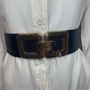 Black PU leather gold tone buckle elastic waistband belt